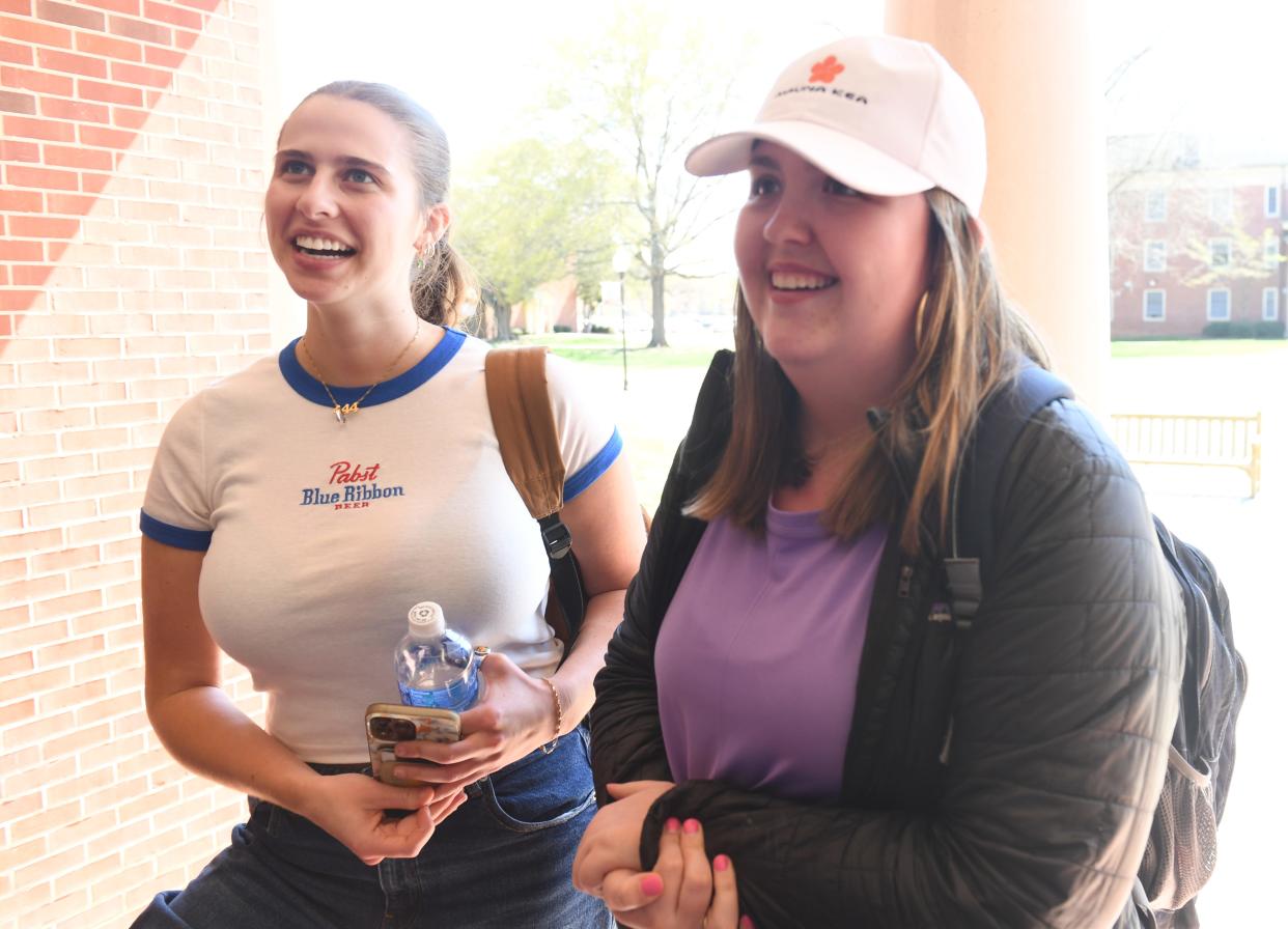 Everyone on the campus of Presbyterian College is talking about the women's basketball team's win in the first round of the 2024 NCAA Women's Tournament. Students Kiersten Phillips, left, and Maddie Hopkins, both 22, talk about Presbyterian's win over Sacred Heart.