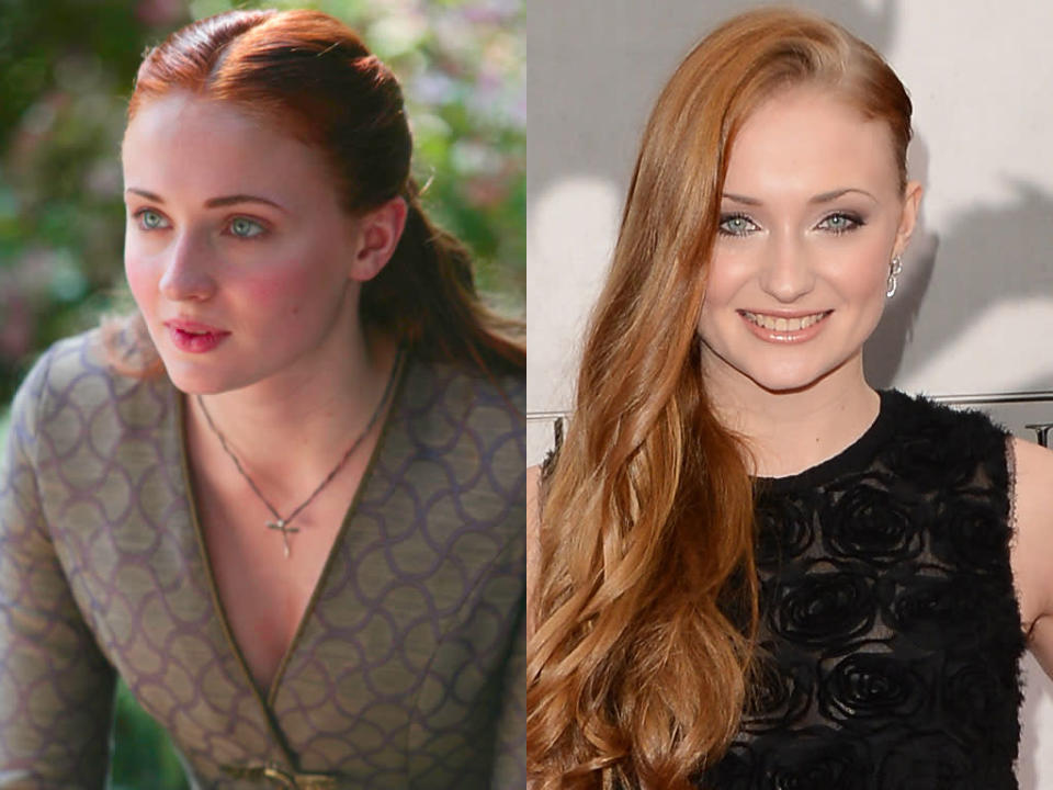 <b>Sophie Turner (Sansa Stark)<br><br></b>Poor Sansa is stuck under the thumb of the cruel King Joffrey, but in real life, 17-year-old British actress Sophie Turner can spread her wings and shine -- and smile!<br><br> <a href="http://tv.yahoo.com/news/natalie-dormer-appalled-by--game-of-thrones--co-star-sophie-turner-s-tv-watch-list-015413831.html" data-ylk="slk:What Are Sophie Turner's Favorite TV Shows?;elm:context_link;itc:0;sec:content-canvas;outcm:mb_qualified_link;_E:mb_qualified_link;ct:story;" class="link  yahoo-link">What Are Sophie Turner's Favorite TV Shows?</a>