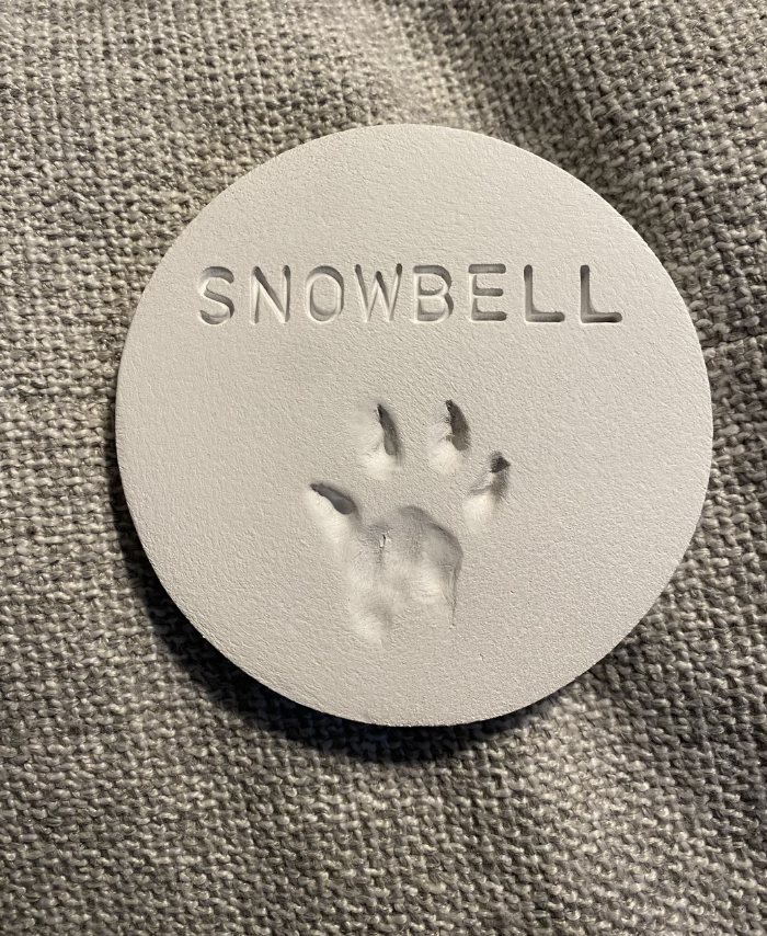 Circular object with raised paw print and "SNOWBELL" text, suggesting a pet keepsake