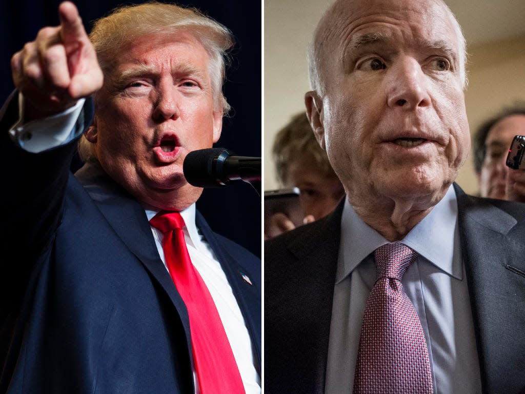 A composite image of Donald Trump (left, in a red tie) and the late John McCain (right, in a grey-blue shirt and dull purple tie)