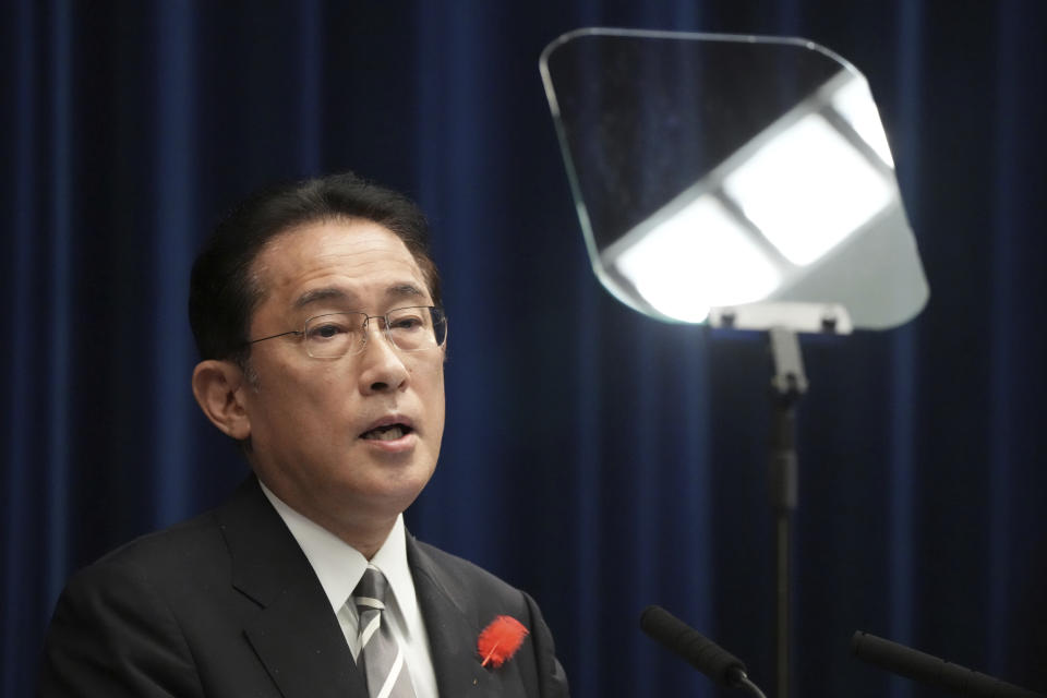 Japanese Prime Minister Fumio Kishida speaks during a news conference at the prime minister's official residence Thursday, Oct. 14, 2021, in Tokyo. Kishida dissolved the lower house of parliament Thursday, paving the way for elections Oct. 31 that will be Japan's first of the pandemic. (AP Photo/Eugene Hoshiko, Pool)