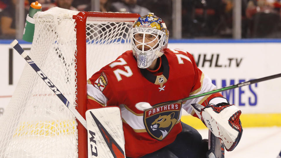 Florida Panthers goaltender Sergei Bobrovsky is shown during the first period of a preseason NHL hockey game against the Tampa Bay Lightning, Thursday, Sept. 26, 2019 in Sunrise, Fla. (AP Photo/Wilfredo Lee)