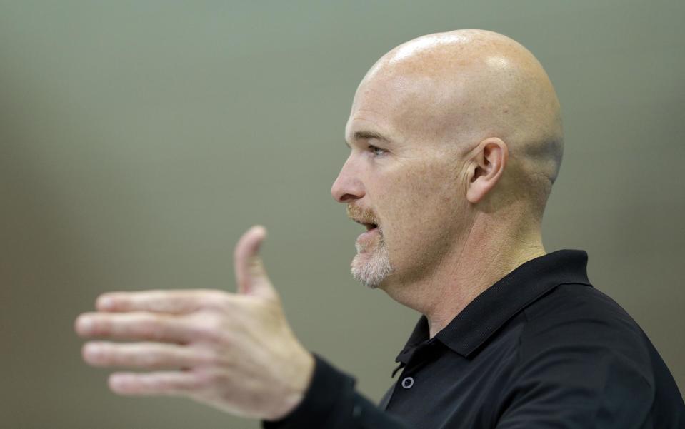 Atlanta Falcons head coach Dan Quinn speaks during a press conference at the NFL Combine in Indianapolis, Wednesday, March 1, 2017. (AP Photo/Michael Conroy)