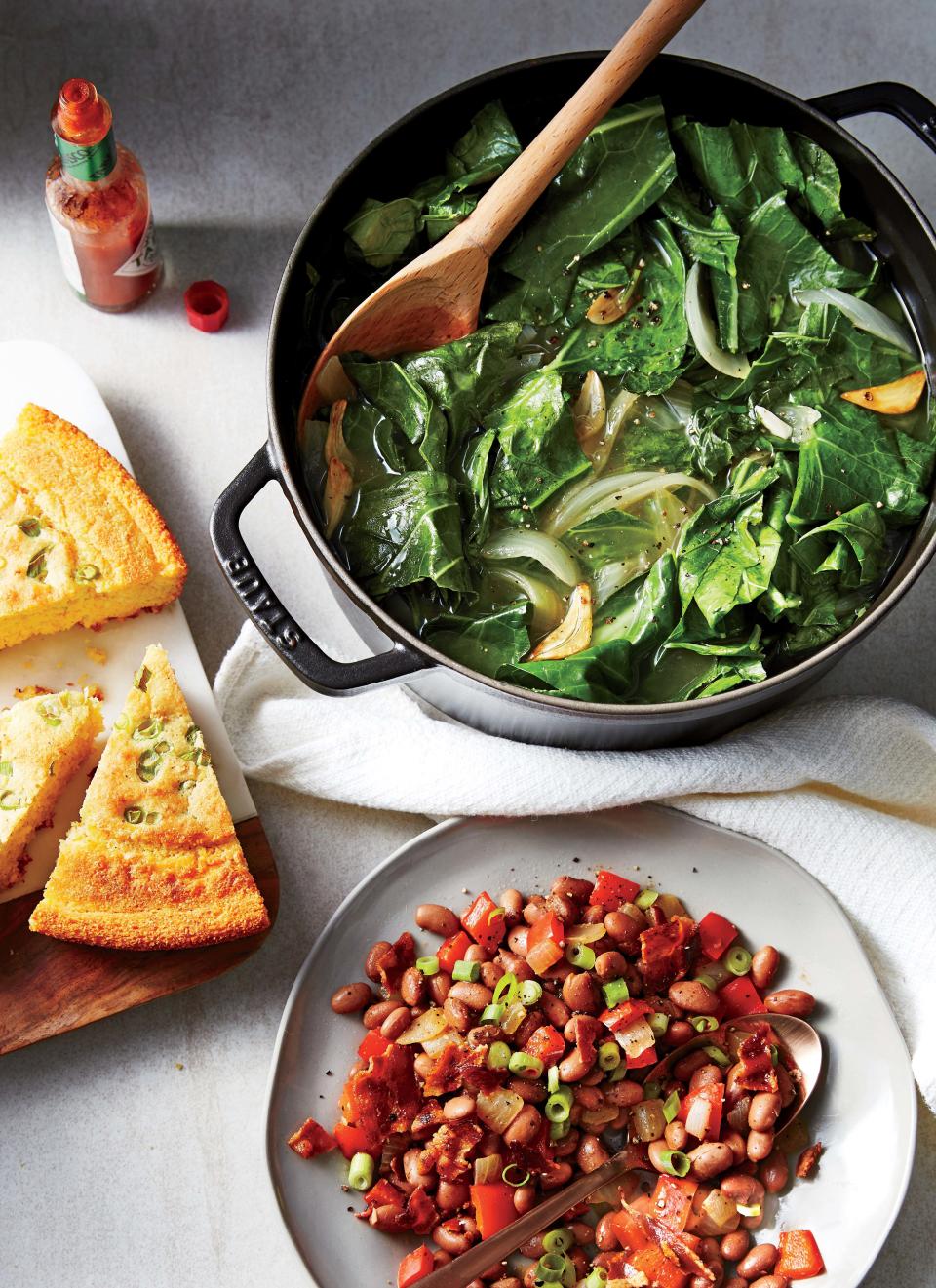 Braised Collard Greens and Bacon-Pepper Pinto Beans