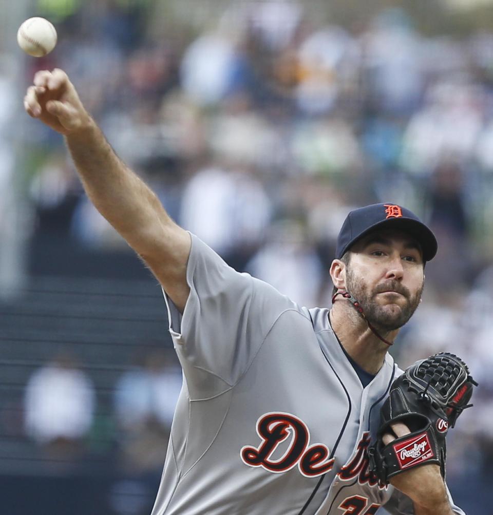 Detroit Tigers starting pitcher Justin Verlander works against the San Diego Padres in the first inning of a baseball game Saturday, April 12, 2014, in San Diego. (AP Photo/Lenny Ignelzi)