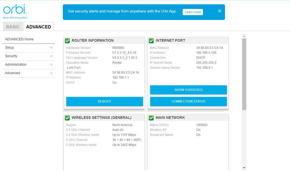 Orbi RBK863SB app screen shot