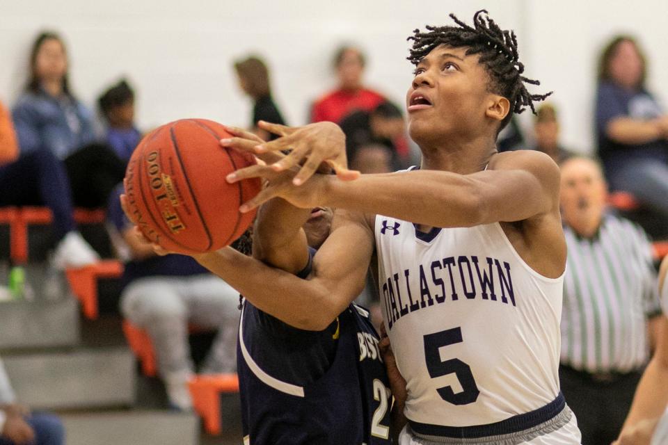 Dallastown’s Kenny Johnson drives to the hoop. Bishop McDevitt  defeats Dallastown 61-55 in the consolation game of the York Suburban tip-off tournament, Saturday, December 11, 2021.