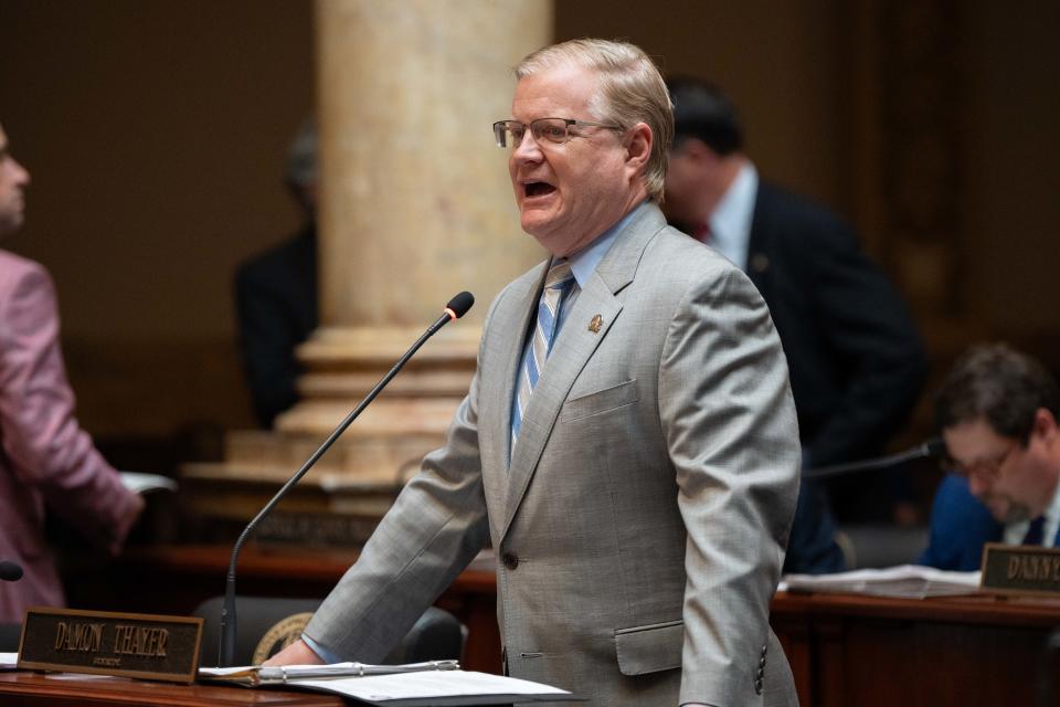 Sen. Damon Thayer speaks to fellow senators on April 15, his last day as the chamber's majority leader. Senate Republicans will vote later this year to fill that role, which Thayer held since 2012.