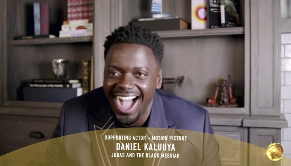 In this video grab issued Sunday, Feb. 28, 2021, by NBC, Daniel Kaluuya accepts the award for best supporting actor in a motion picture for "Judas and the Black Messiah" at the Golden Globe Awards. (NBC via AP)