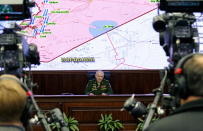 <p>Col Gen Sergei Rudskoi, chief of the Main Operational Directorate of the Russian Armed Forces’ General Staff, holds a press briefing on airstrikes launched by the US, UK, and France against Syria. (Photo: Vadim Savitsky/TASS via Getty Images) </p>