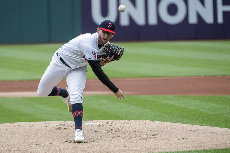 Cleveland Guardians starting pitcher Tanner Bibee delivers against the Detroit Tigers during the first inning of a baseball game in Cleveland, Monday, May 8, 2023. (AP Photo/Phil Long)