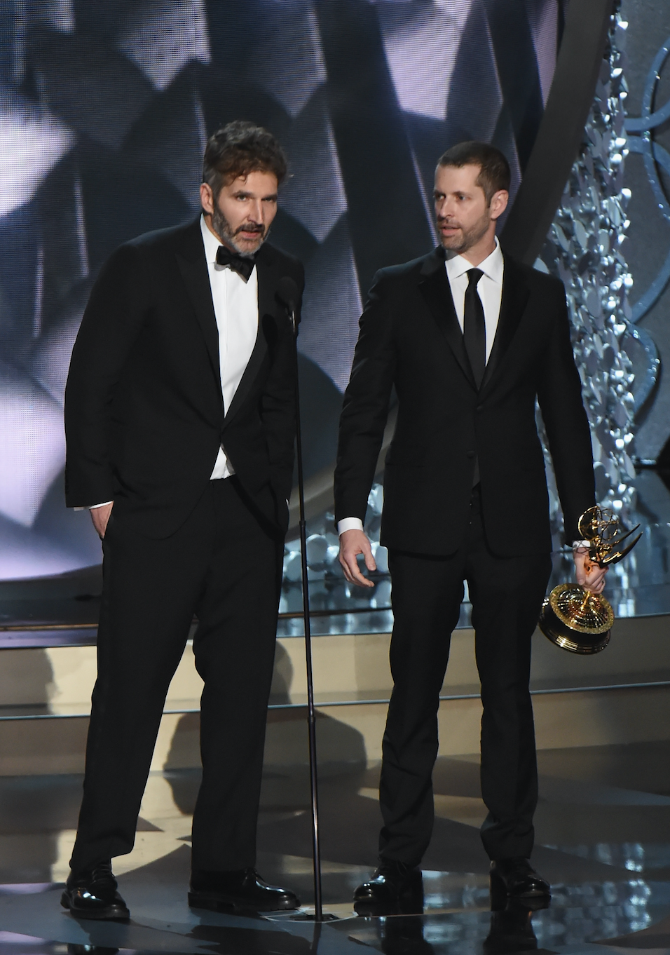 david benioff and db weiss accept the award for outstanding writing for a drama series for game of thrones episode battle of the bastards onstage during the 68th annual primetime emmy awards