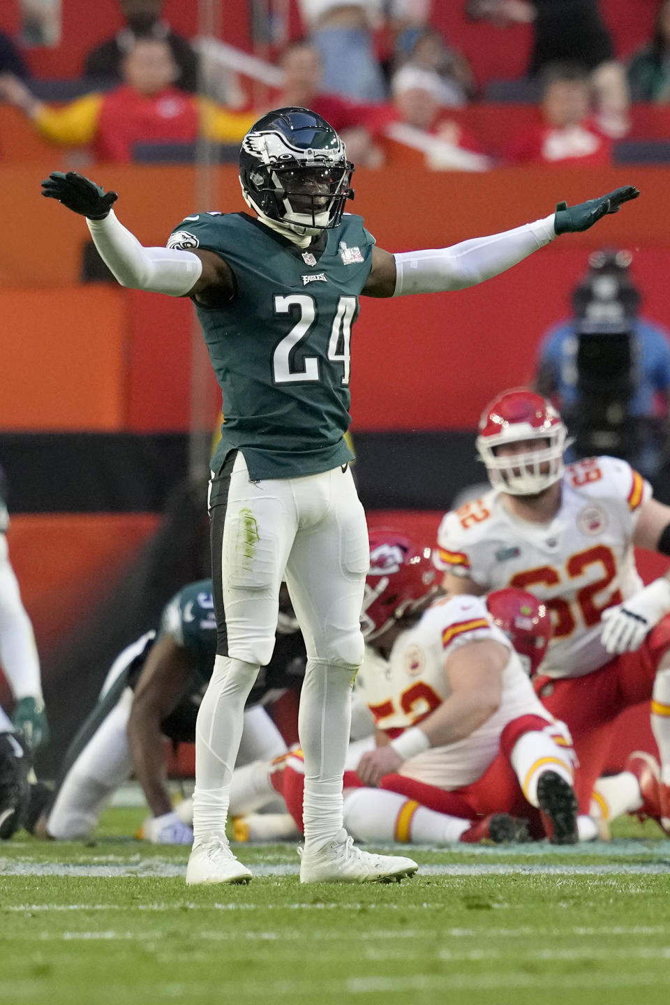 FILE - Philadelphia Eagles cornerback James Bradberry (24) reacts against the Kansas City Chiefs during the NFL Super Bowl 57 football game, Sunday, Feb. 12, 2023, in Glendale, Ariz. With the score tied and less than 2 minutes left, Philadelphia's James Bradberry was called for a defensive holding penalty on Kansas City's Juju Smith-Schuster, allowing the Chiefs to keep the ball and run down the clock before attempting a go-ahead field goal. (AP Photo/Steve Luciano, File)