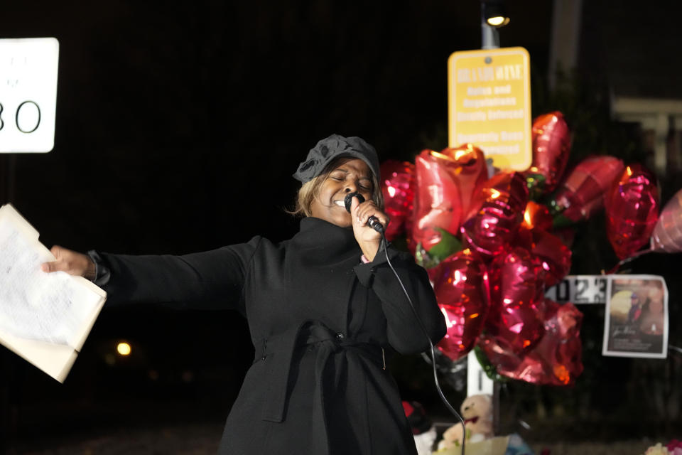 Minister Charita McCoy speaks at a prayer gathering at the site where Tyre Nichols was beaten by Memphis police officers, and later died from his injuries, in Memphis, Tenn., Monday, Jan. 30, 2023. (AP Photo/Gerald Herbert)