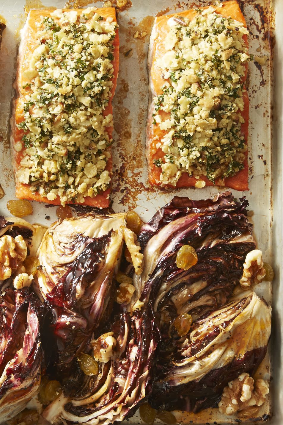 matzo crusted salmon with glazed radicchio on a sheet pan