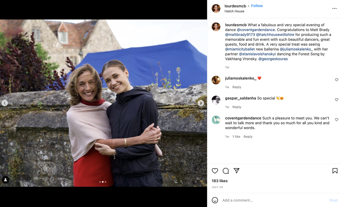 Lourdes López hugs Ukrainian dancer Yuliia Moskalenko on a visit to London, England.