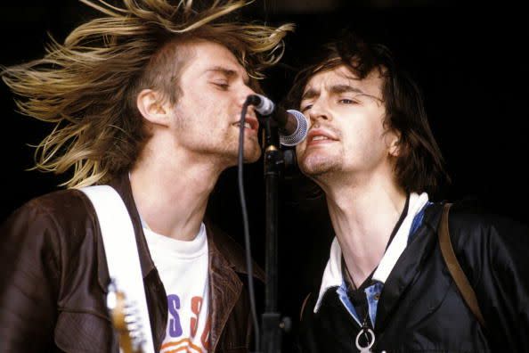 <p>Kurt Cobain with Eugene Kelly performing at the U.K.'s Reading Festival in 1992. Cobain was a big fan of Kelly and his band The Vaselines.</p>