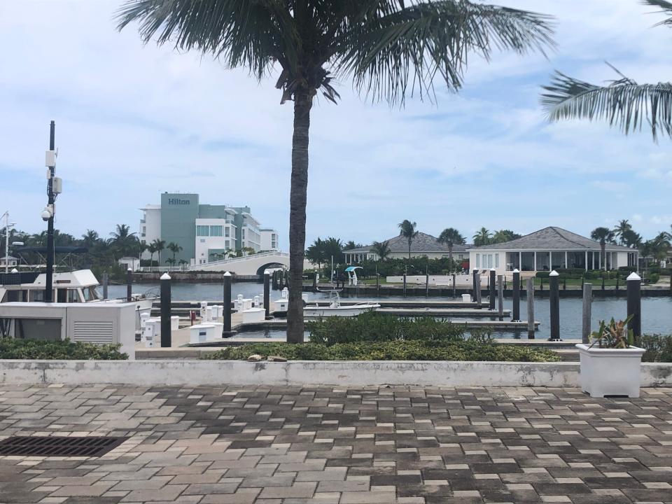 An empty street in Bimini that runs along the coastline with palm trees and stone tiles