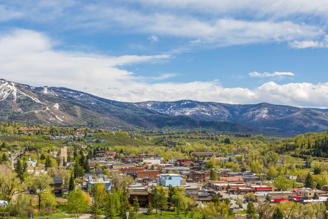 Aerial View of Downtown Steamboat Springs, Colorado, in the spring