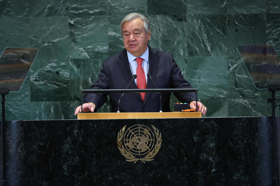 United Nations Secretary-General Antonio Guterres delivers a statement at U.N. headquarters in New York City, Sept. 18, 2023. / Credit: MIKE SEGAR / REUTERS