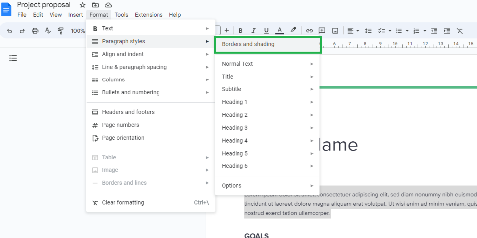 A screenshot of a Google Doc with the Borders and Shading menu selected.