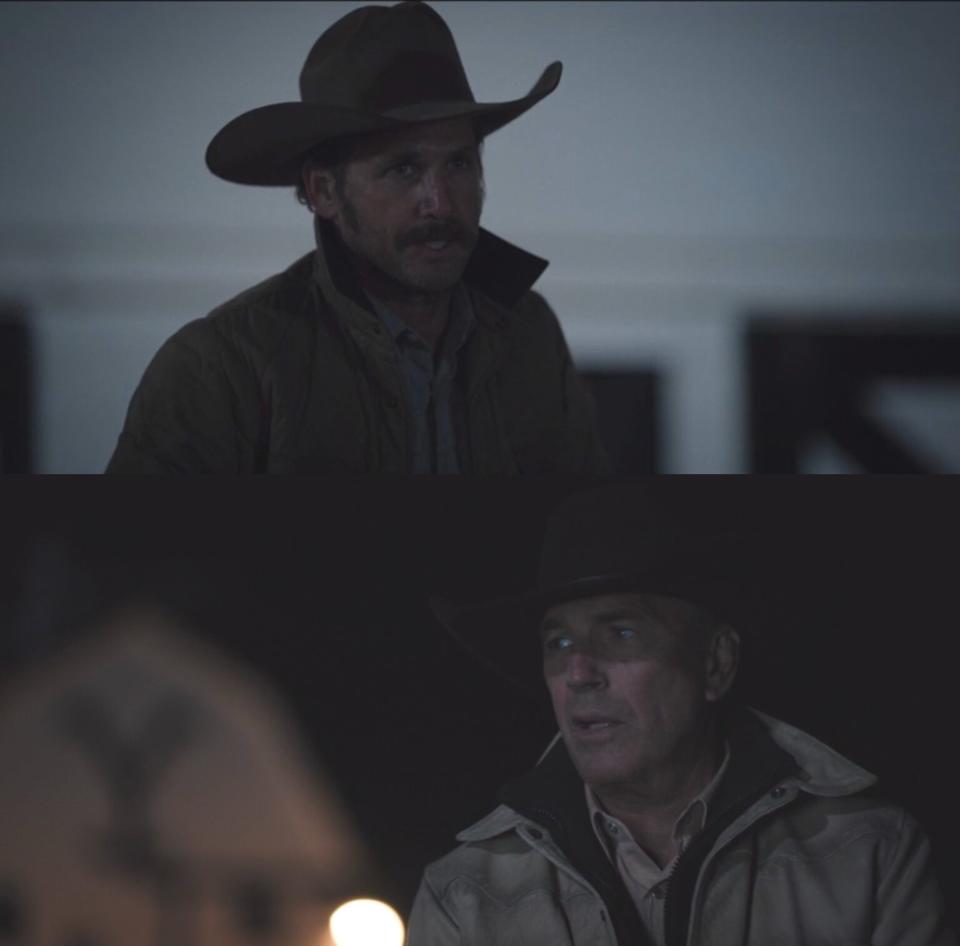 Young John Dutton (Josh Lucas) and present day John Dutton (Kevin Costner) in "Yellowstone" season five, episode five.