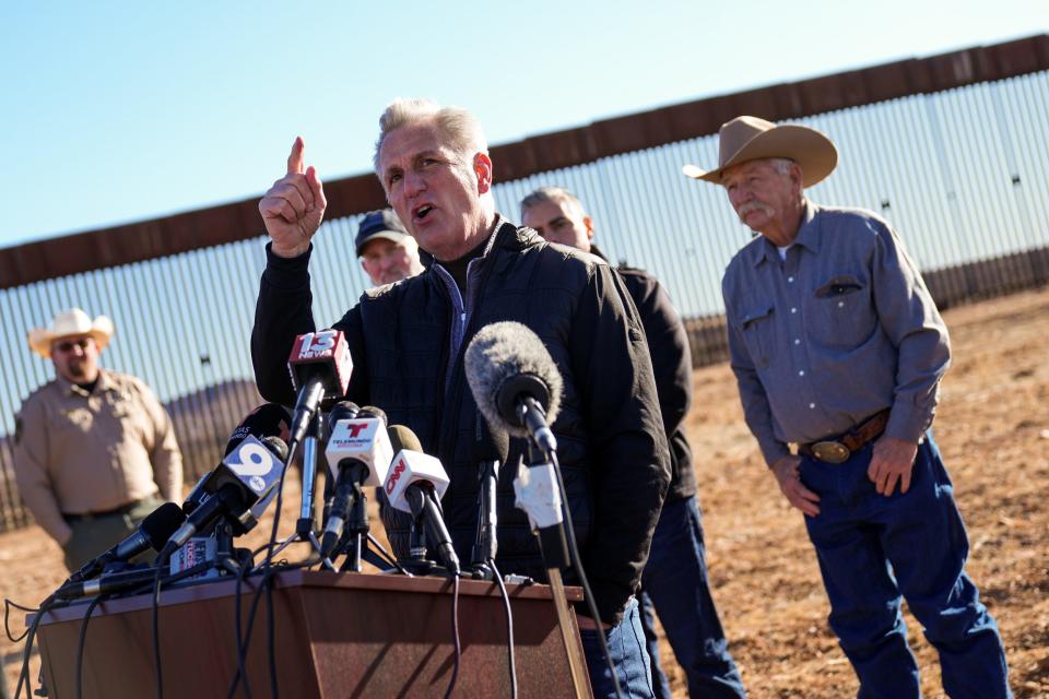 U.S. House Speaker Kevin McCarthy speaks during a news conference in front of the U.S.-Mexico border south of Sierra Vista on Feb. 16, 2023, in Hereford.