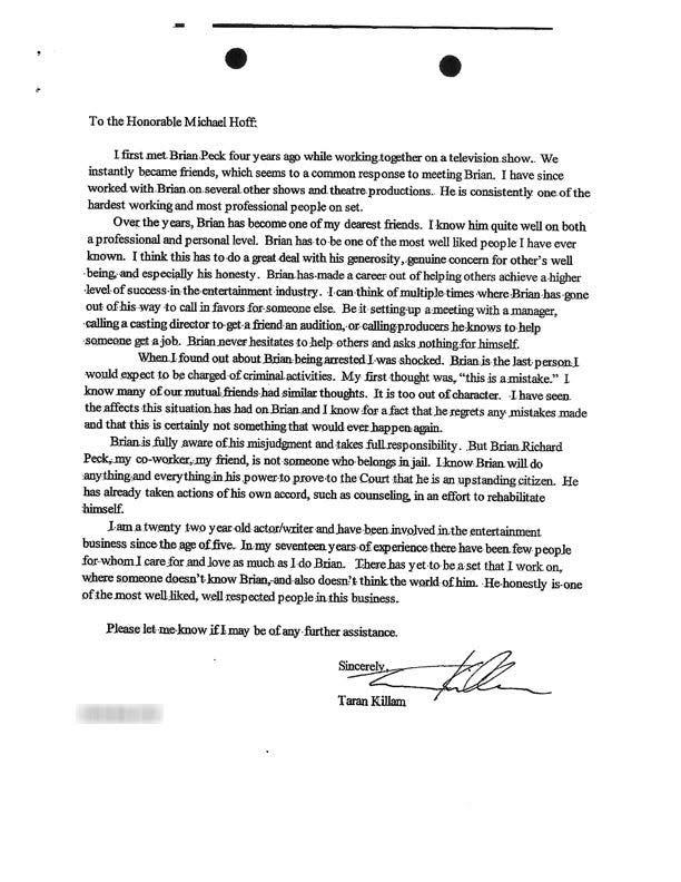 Taran Killam's letter to the judge in support of Brian Peck.