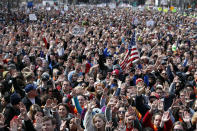 FILE - Looking west, people fill Pennsylvania Avenue during the "March for Our Lives" rally in support of gun control, Saturday, March 24, 2018, in Washington. In the wake of the shooting at Marjory Stoneman Douglas High School, teenaged survivors organized one of the largest youth protests in history in D.C., rallying over a million activists in sister marches from California to Japan.(AP Photo/Alex Brandon, File)