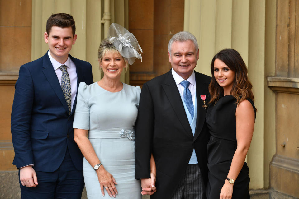 Eamonn Holmes, with his wife Ruth Langsford and his son Jack and daughter Rebecca (right), as he wears his OBE (Officer of the Order of the British Empire) after it was awarded to him by Queen Elizabeth II for services to broadcasting during an Investiture ceremony at Buckingham Palace in central London.