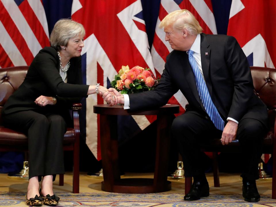 Theresa May and Donald Trump talk 'big, ambitious' post-Brexit trade deal as PM attacks Russia at UN