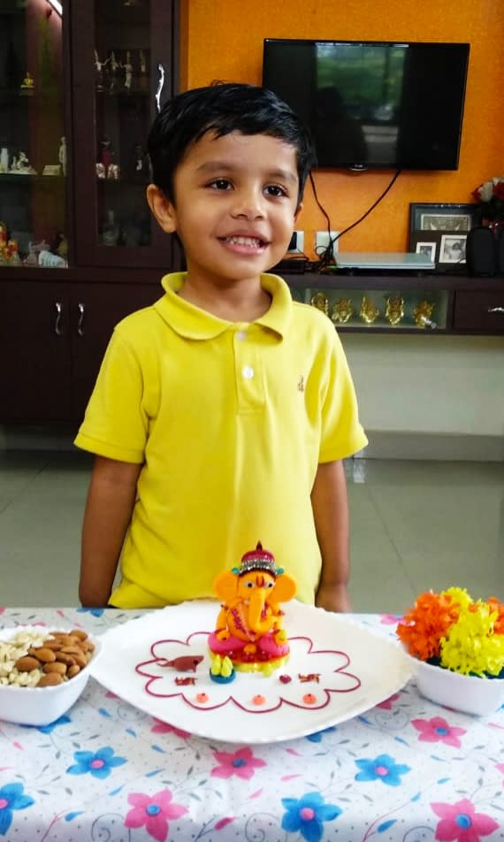 Mayuri Mandal shared this picture of her son Shivin Sen who helped make a homemade clay Ganesha.