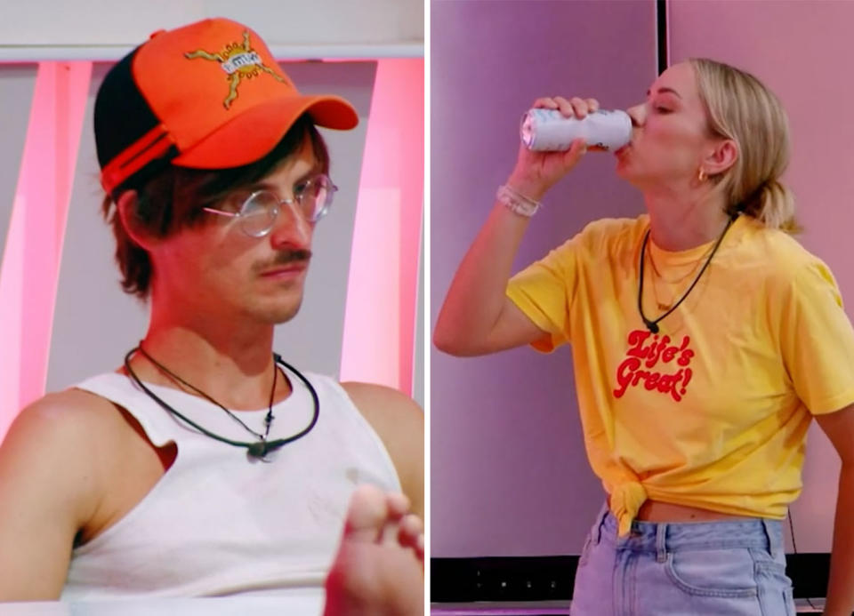 Left: Taras in the Big Brother house wearing a black and orange cap. Right: Tully drinking while wearing a yellow t-shirt.