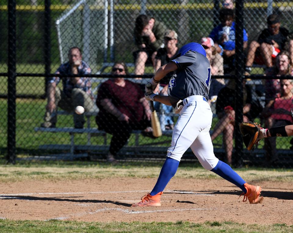 Decatur's AJ Kolb (15) hits a triple against Snow Hill Thursday, April 13, 2023, in Snow Hill, Maryland. The Seahawks defeated the Eagles 14-1.