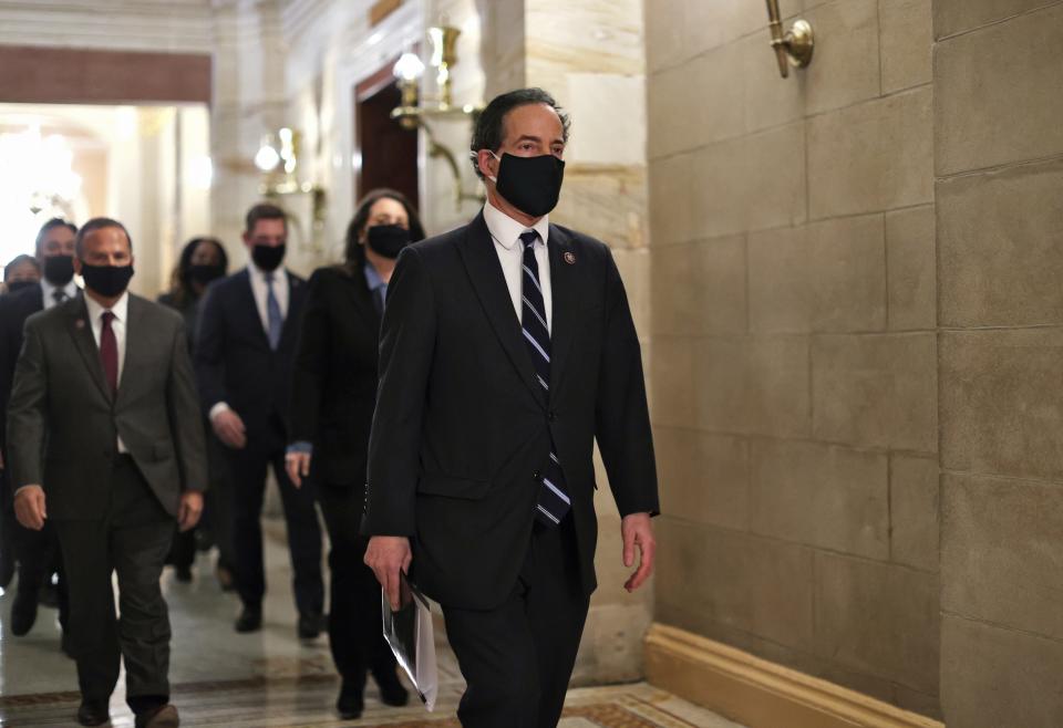 Lead House impeachment manager Rep. Jamie Raskin, D-Md., and other Democratic managers walk through the Capitol to deliver to the Senate the article of impeachment alleging incitement of insurrection against former President Donald Trump on Jan. 25.