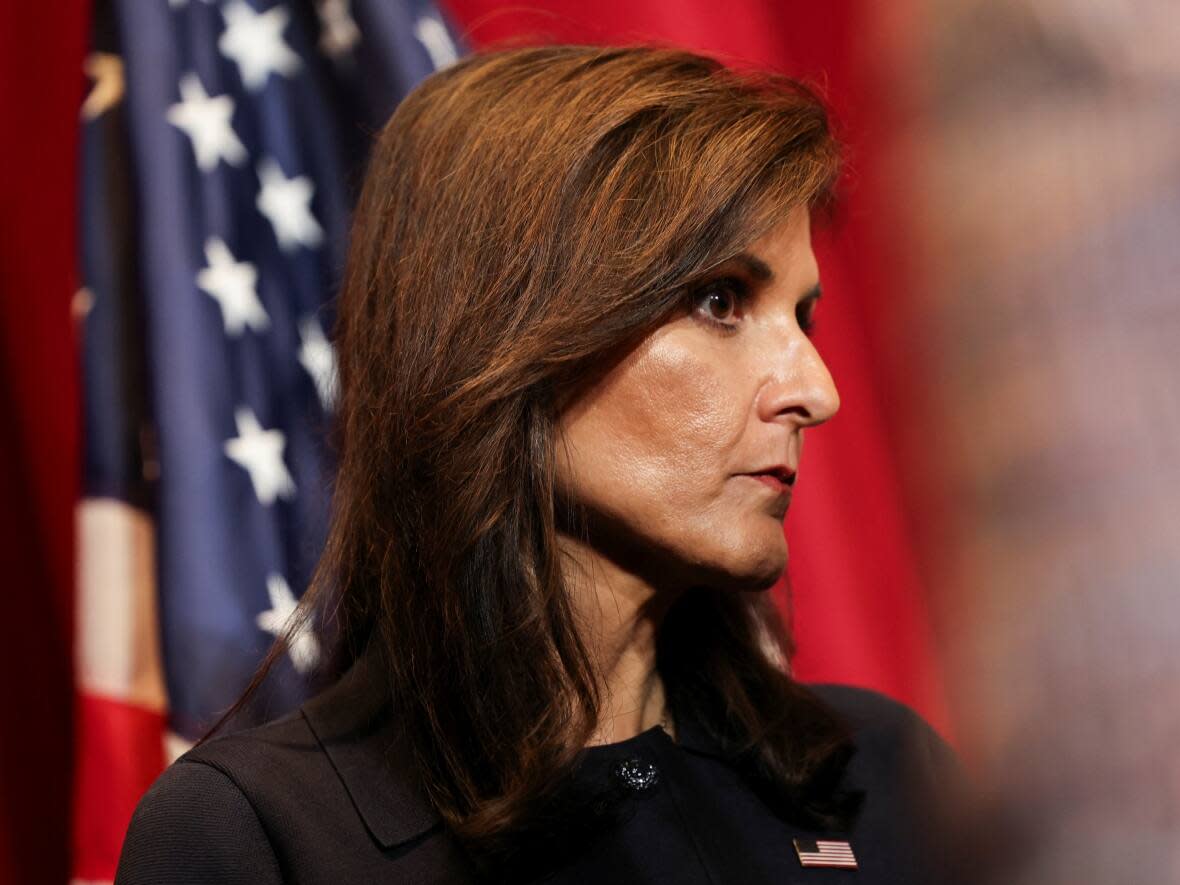 Republican presidential candidate Nikki Haley attends a rally on Wednesday at a Hollywood American Legion Post in Los Angeles. Haley has requested protection from the U.S. Secret Service during her primary race against Donald Trump.  (Aude Guerrucci/Reuters - image credit)