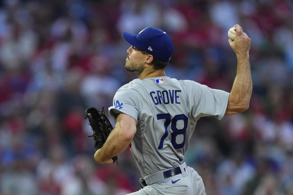 Los Angeles Dodgers' Michael Grove pitches during the third inning of a baseball game against the Los Angeles Dodgers, Friday, June 9, 2023, in Philadelphia. (AP Photo/Matt Rourke)