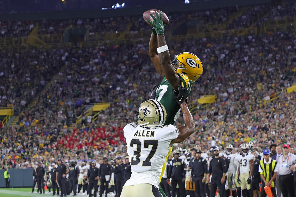 Romeo Doubs #87 of the Green Bay Packers has a path to fantasy value