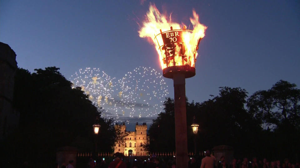 One of the thousands of Platinum Jubilee Beacons lit across the United Kingdom, Commonwealth and overseas territories.   / Credit: CBS News