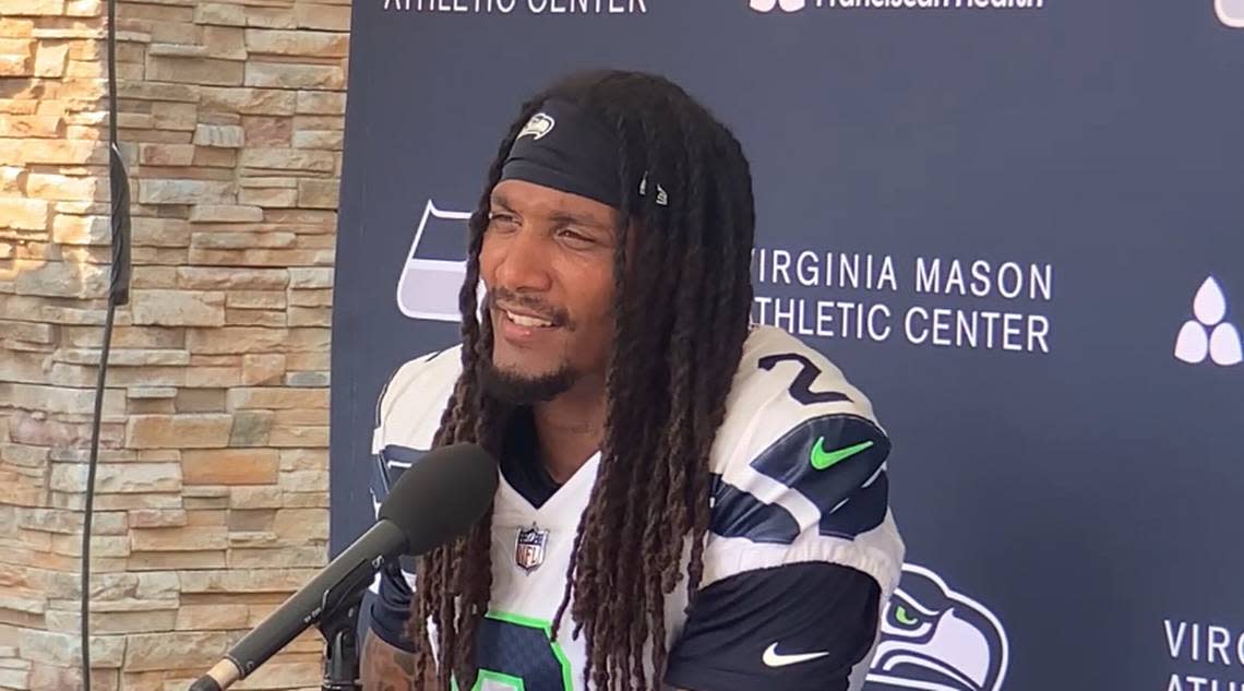 New starting safety Rayshawn Jenkins talks to reporters at Seahawks training camp at the Virginia Mason Athletic Center in Renton Aug. 2, 2024.