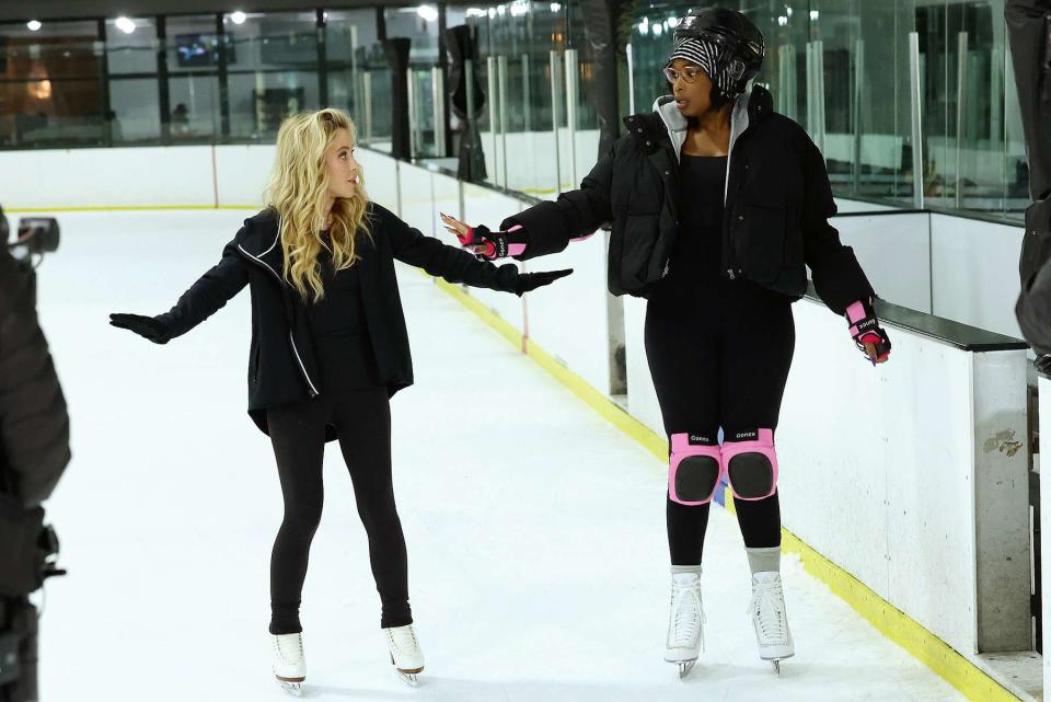 <p>Chris Millard/Warner Bros.</p> Tara Lipinski teaches Jennifer Hudson how to ice skate