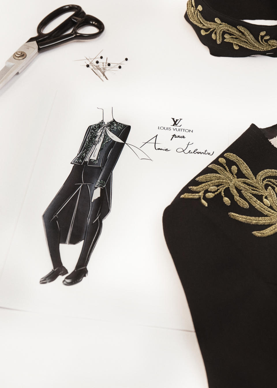 A sketch of Louis Vuitton designer Nicolas Ghesquière's Académie des Beaux-Arts uniform for Annie Leibovitz. 