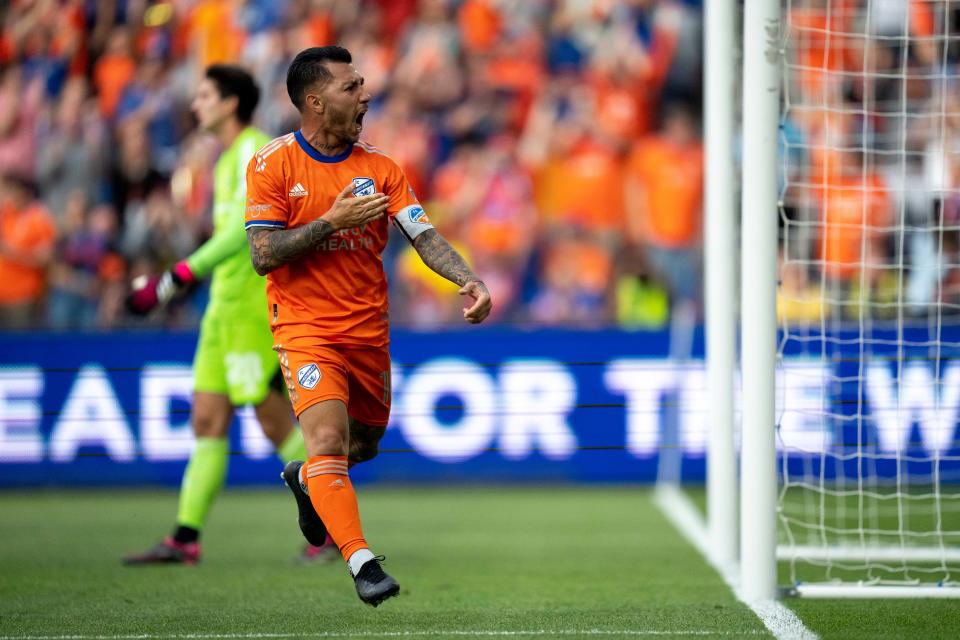 FC Cincinnati midfielder Luciano Acosta (10) celebrates after scoring a goal in the first half of FC Cincinnati and Columbus Crew play at TQL Stadium in Cincinnati on Saturday, May 20, 2023.