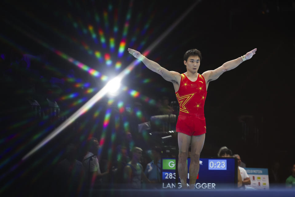 China's Sun Wei competes on the floor during the men's all-round final at the Artistic Gymnastics World Championships in Antwerp, Belgium, Thursday, Oct. 5, 2023. (AP Photo/Geert vanden Wijngaert)
