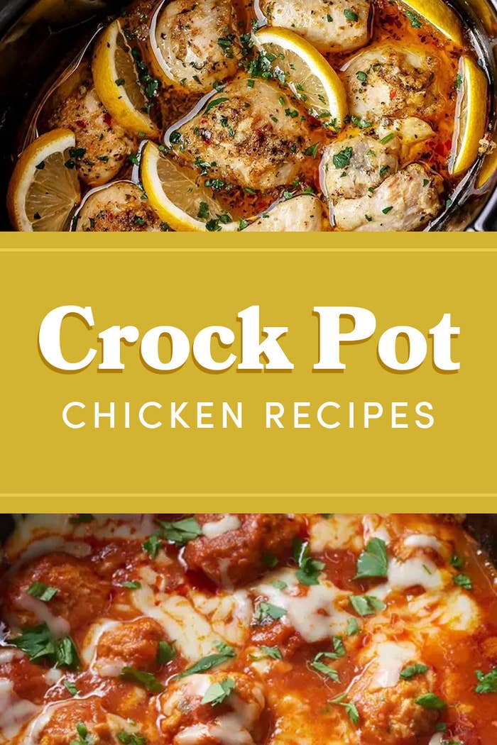 Crock Pot Chicken Recipes; photos of Lemon Garlic Butter Chicken and Chicken Parmesan Meatballs