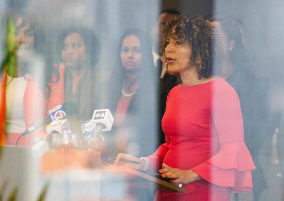 Bacardi Jackson, interim deputy legal director of the Southern Poverty Law Center’s Children’s Rights Practice Group, speaks during a press conference at Carlton Fields on Tuesday, June 27, 2023 in Miami, Florida. Lauren Witte/Lauren Witte