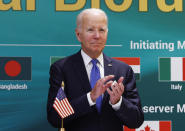 U.S. President Joe Biden attends the launch of the Global Biofuels Alliance at the G20 summit in New Delhi, India, Saturday, Sept. 9, 2023. (AP Photo/Evelyn Hockstein, Pool)