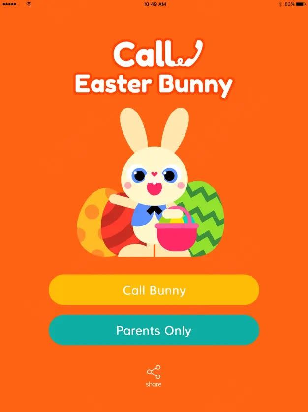 call easter bunny app with illustration of easter bunny and buttons that say call bunny and parents only