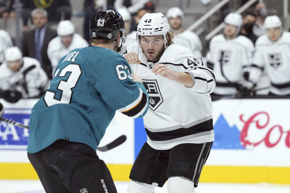 Los Angeles Kings left wing Brendan Lemieux (48) and San Jose Sharks left wing Jeffrey Viel (63) prepare to fight during the second period of an NHL hockey game in San Jose, Calif., Monday, Jan. 17, 2022. (AP Photo/Darren Yamashita)