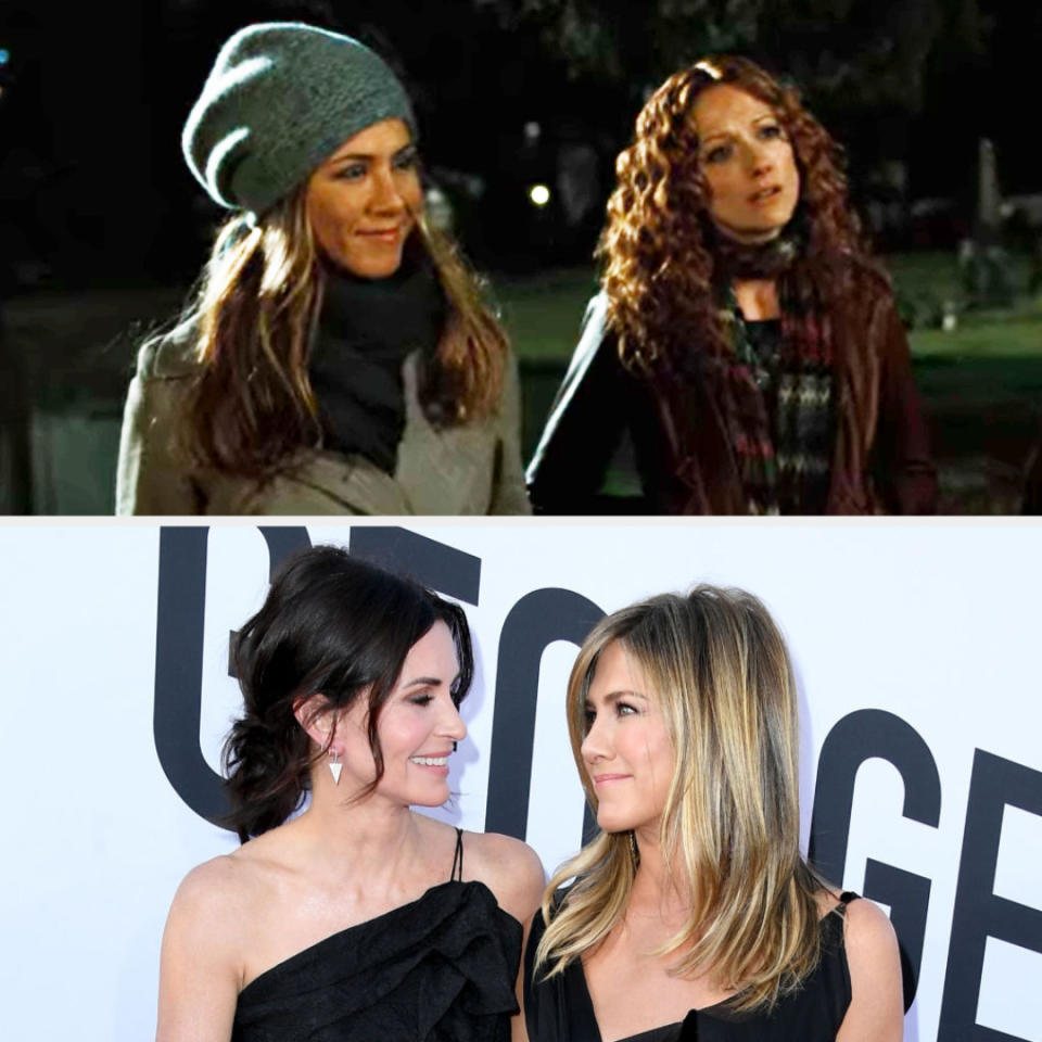 Above, Eloise and Marty listen to a story from Burke Ryan. Below, Cox and Aniston look at each other while posing on the red carpet